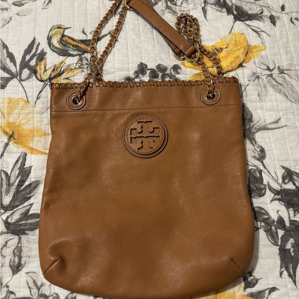 Tory Burch Marion Bookbag Royal Tan Leather Shoulder Bag